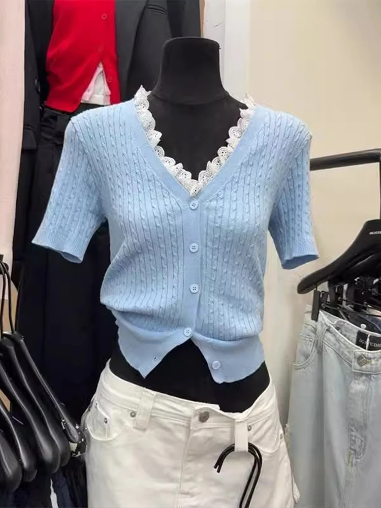

Korean Sle V-Ne Lace Trim ort Sve Knitted Open Cardigan Summer Slim Fit ort Length oulder Length Women's Top