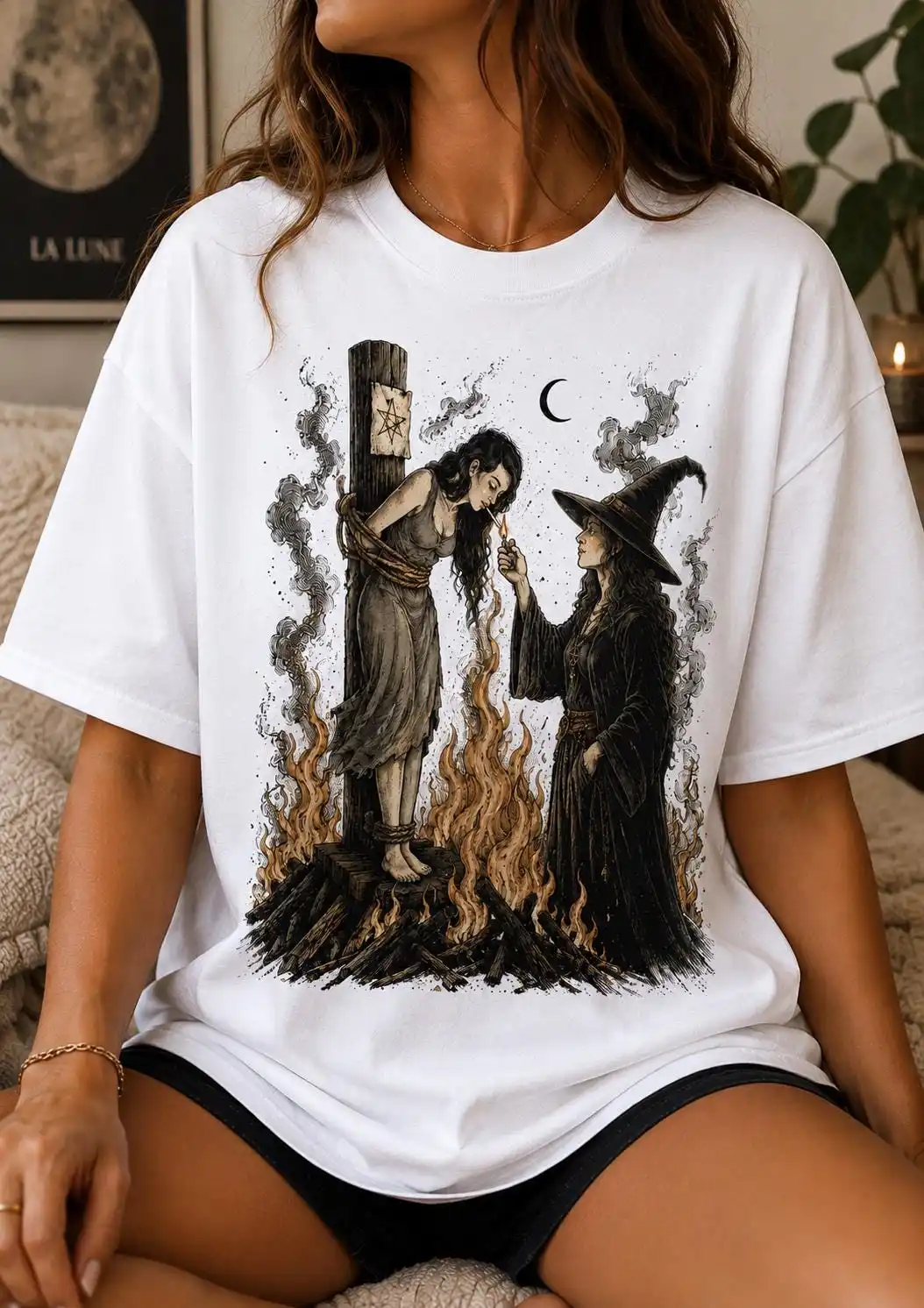 Witch Lighting Cigarette At The Stake Shirt, Gothic Witchy Halloween Tee