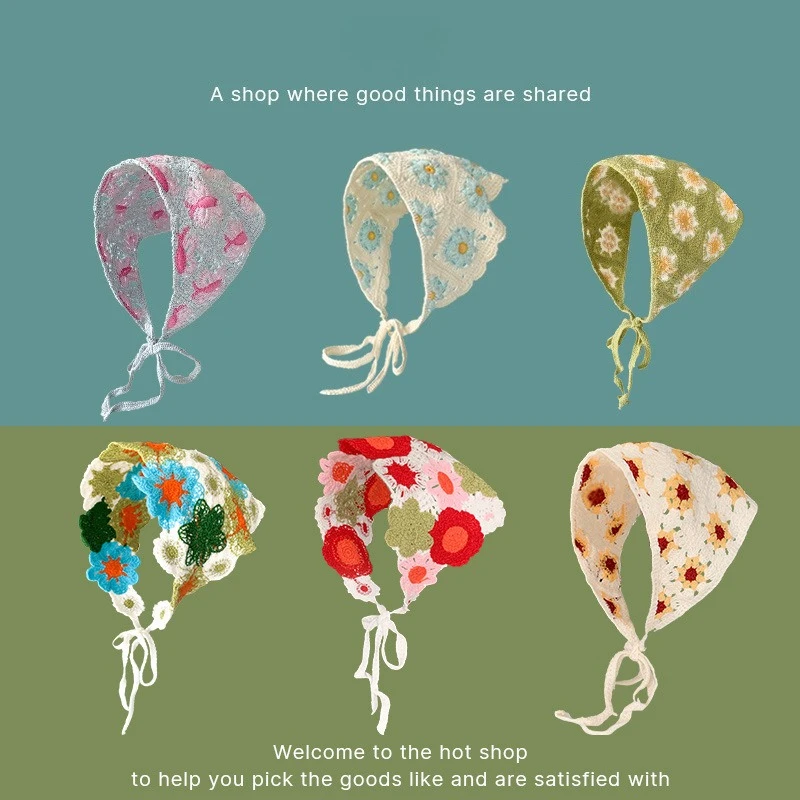 Japanese Sweet Girl Handmade Hooked Flower Knitted Headband, Cute and Versatile, Warm Ear Protection Triangle Scarf Earmuffs