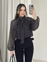 Women Polka Dot Print Blouse Casual High Collar Long Sleeve Lady Top Simple Women's Blouse Female Shirts & Blouses - Image 2