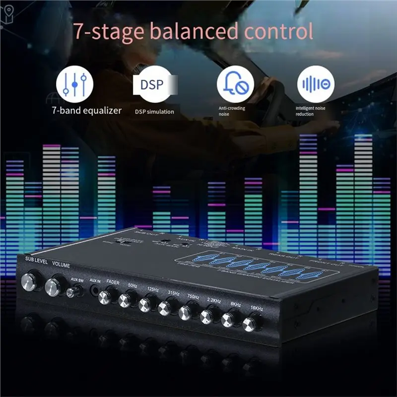 Y47A 7 Band Car Audio Graphic Equalizer Adjustable Frequency 50Hz-16kHz for DSP Noise Reduction for Car Boat RV Stereo