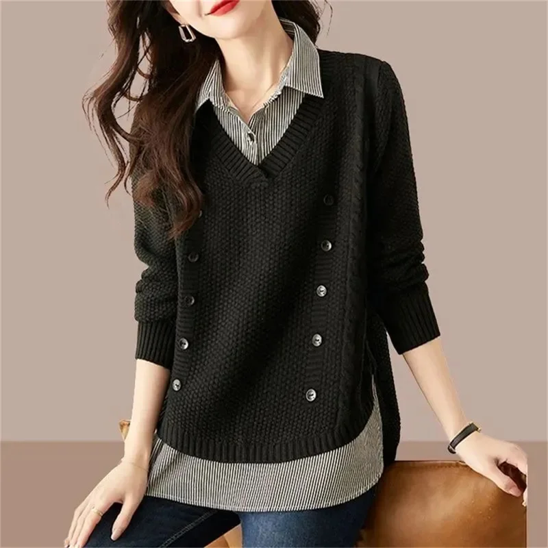 Fake Two Piece Top Knit Sweater Women\'s Splice Shirt Collar 2024 Spring Autumn New Korean Loose Long Sleeve Sweater Brown Shirt