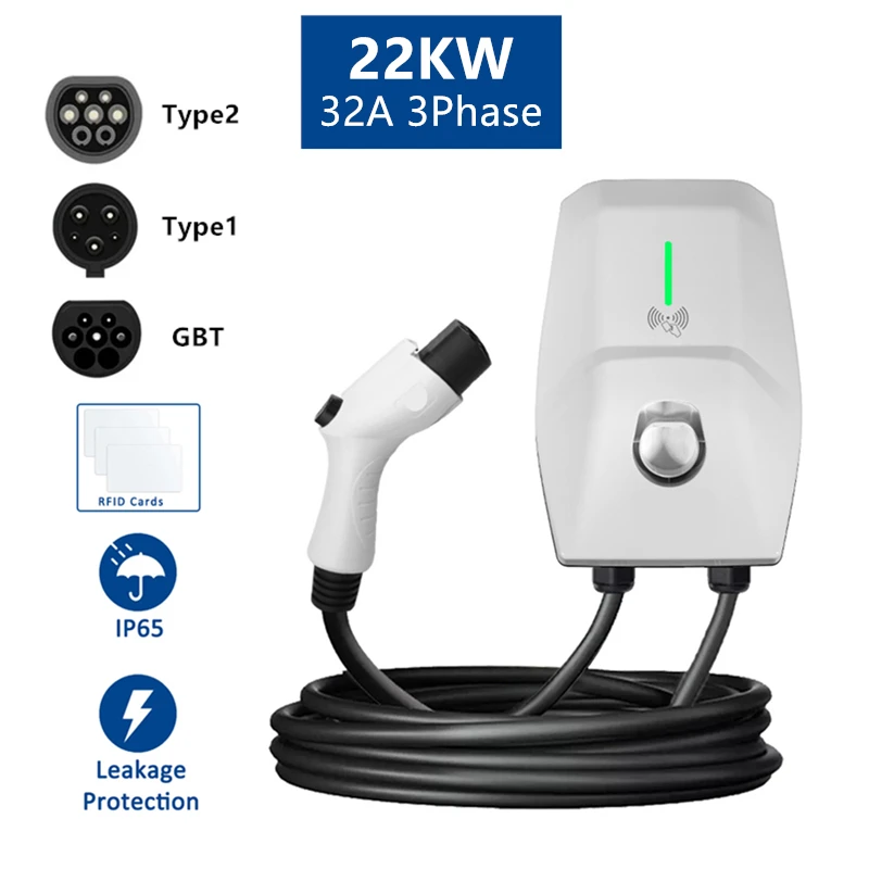 

New EV Charger 32A 22KW Electric Vehicle Charger EVSE Wallbox 3Phase Type 2 Cable IEC62196 J1772 GBT with Cards APP Control