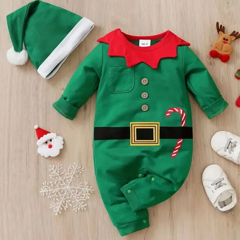 2pcs Set YIERYING & Elf Costume Set - Green Elf Outfit with Pockets & Matching Hat, Soft Warm Winter Clothes for Christmas