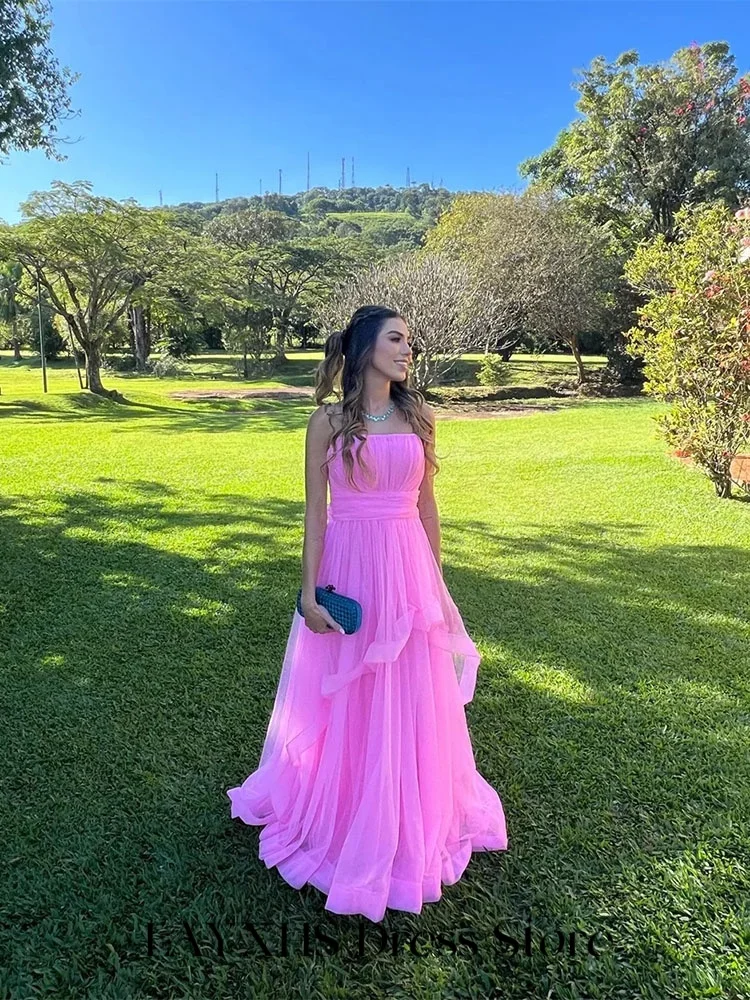 LAYXHS ง่ายชุดราตรีสีชมพู A-Line Tulle Tiered Ruffle อย่างเป็นทางการ PARTY PROM Dresses ที่กําหนดเอง FBستانة