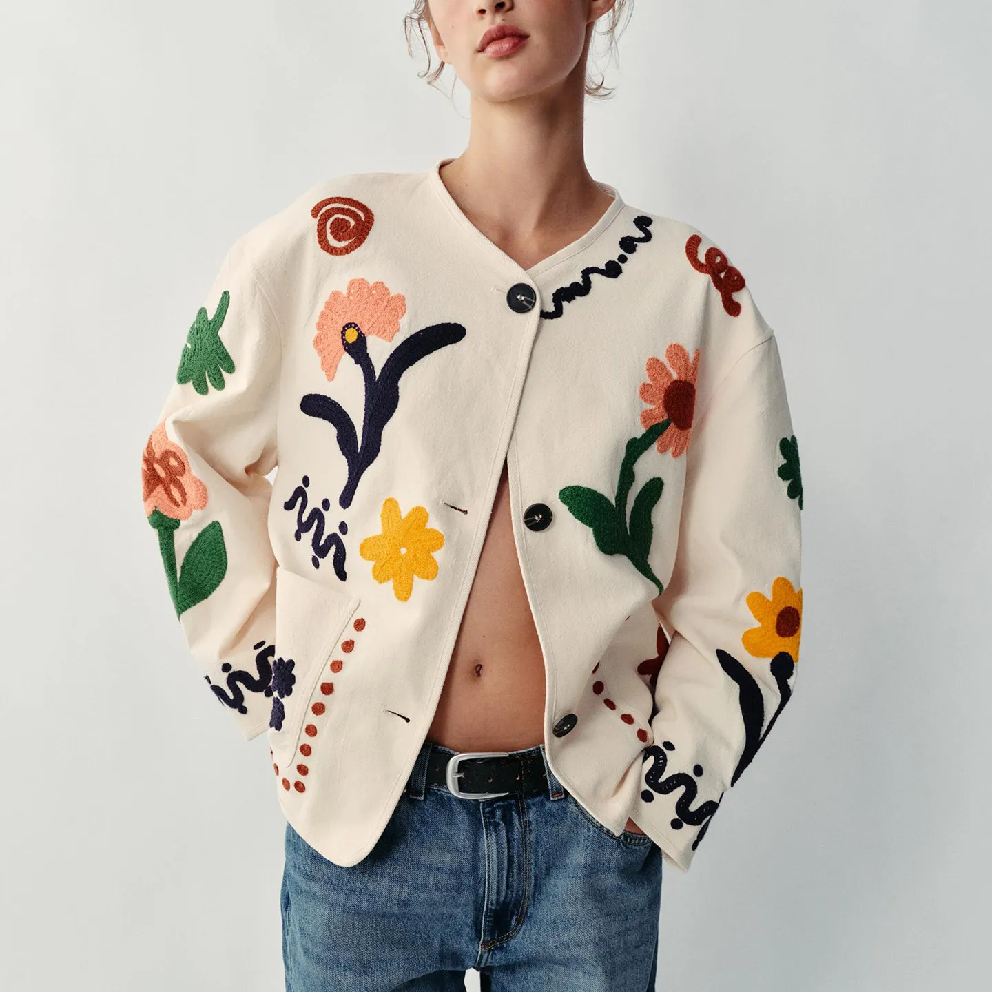 Women's Long Sleeve round Neck Floral Embroidery Jacket Outerwear Commute Style Standard Fit Other Material 100% Autumn New A...