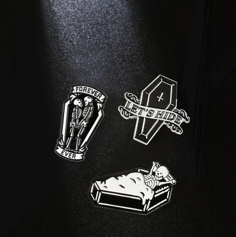 Pines Lapel Pins Jeans shirt Bag Dark Halloween Skeleton Jewelry Gift Let's Hide Enamel  Pins Badge Custom Stay in Coffin