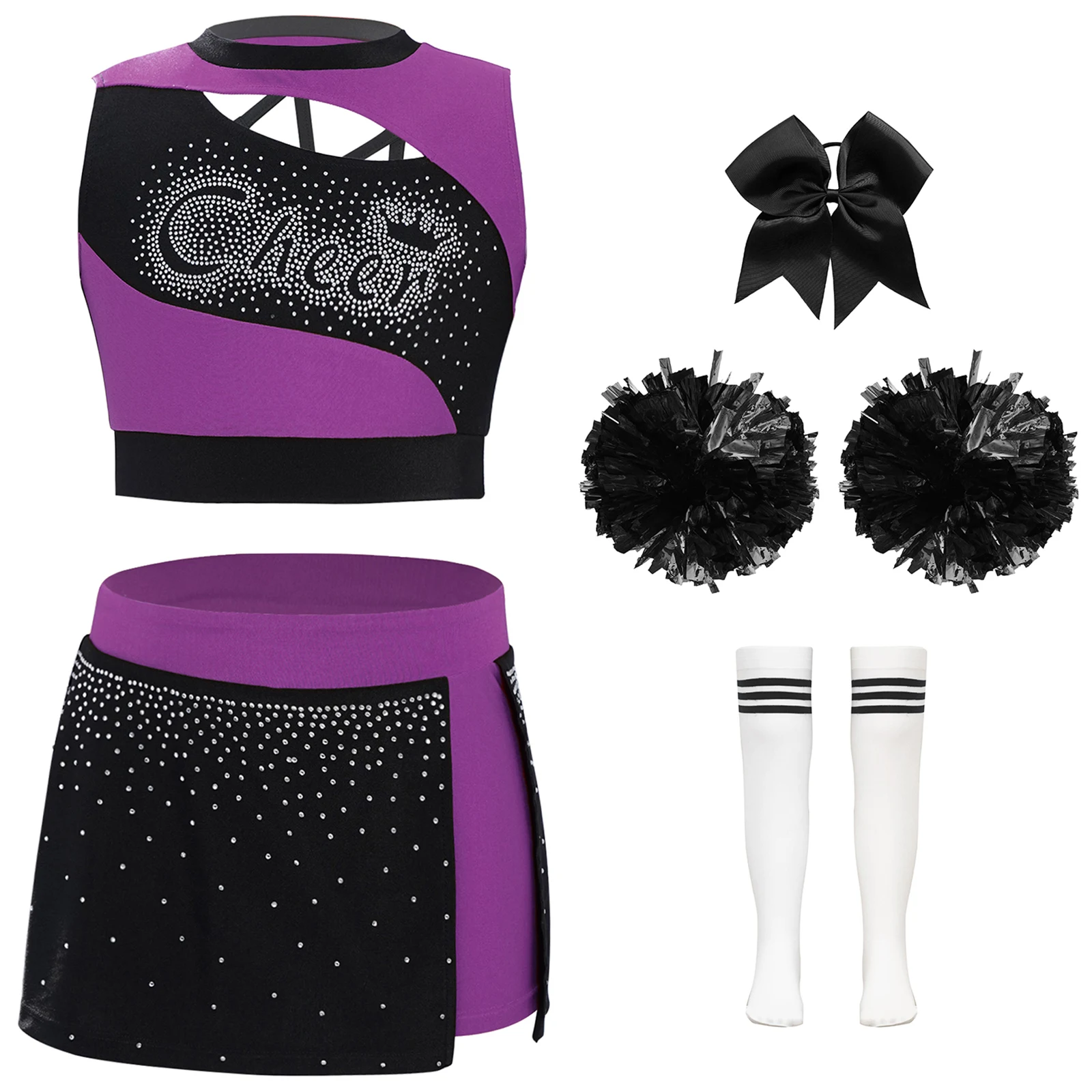 Kids Girls Cheerleading Dance Outfits Sleeveless Sparkling Rhinestones Crop Top+Side Slit Skirt+Headwear+Flower Balls+Socks Set