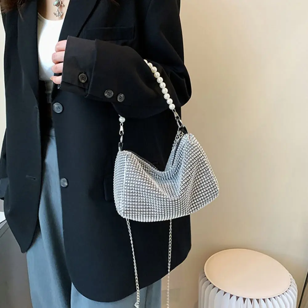 Large Capacity Rhinestone Handbag Shoulder Pouch Mobile Phone Bag Small Square Bag Pearl Chain Crossbody Bag Women Shoulder Bag