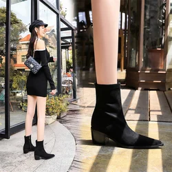 Suede Leather Fashion Simple Women's Ankle Boots  Point Toe Black Short Boot Autumn Winter Warm Comfort Square Heels Shoes