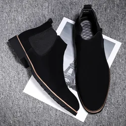 Autumn and Winter Classcis Men Chelsea Boots Black and Brown Suede Casual Slip on Short Boots Vintage Leather Cowboy Ankle Boots