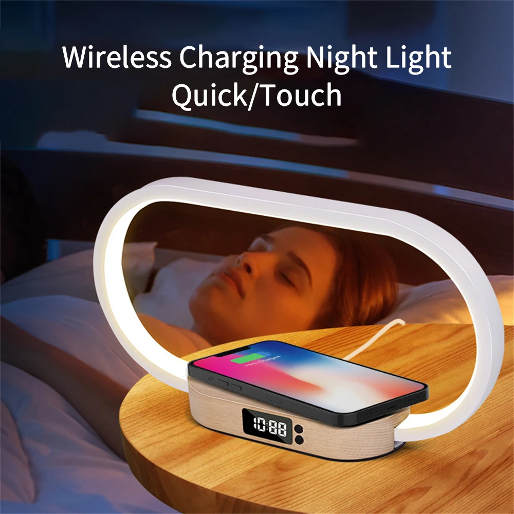 Lámpara de noche Led de carga rápida inalámbrica para teléfonos móviles, luz nocturna táctil, reloj de madera maciza, cama de dormitorio, precio al por mayor, 15w