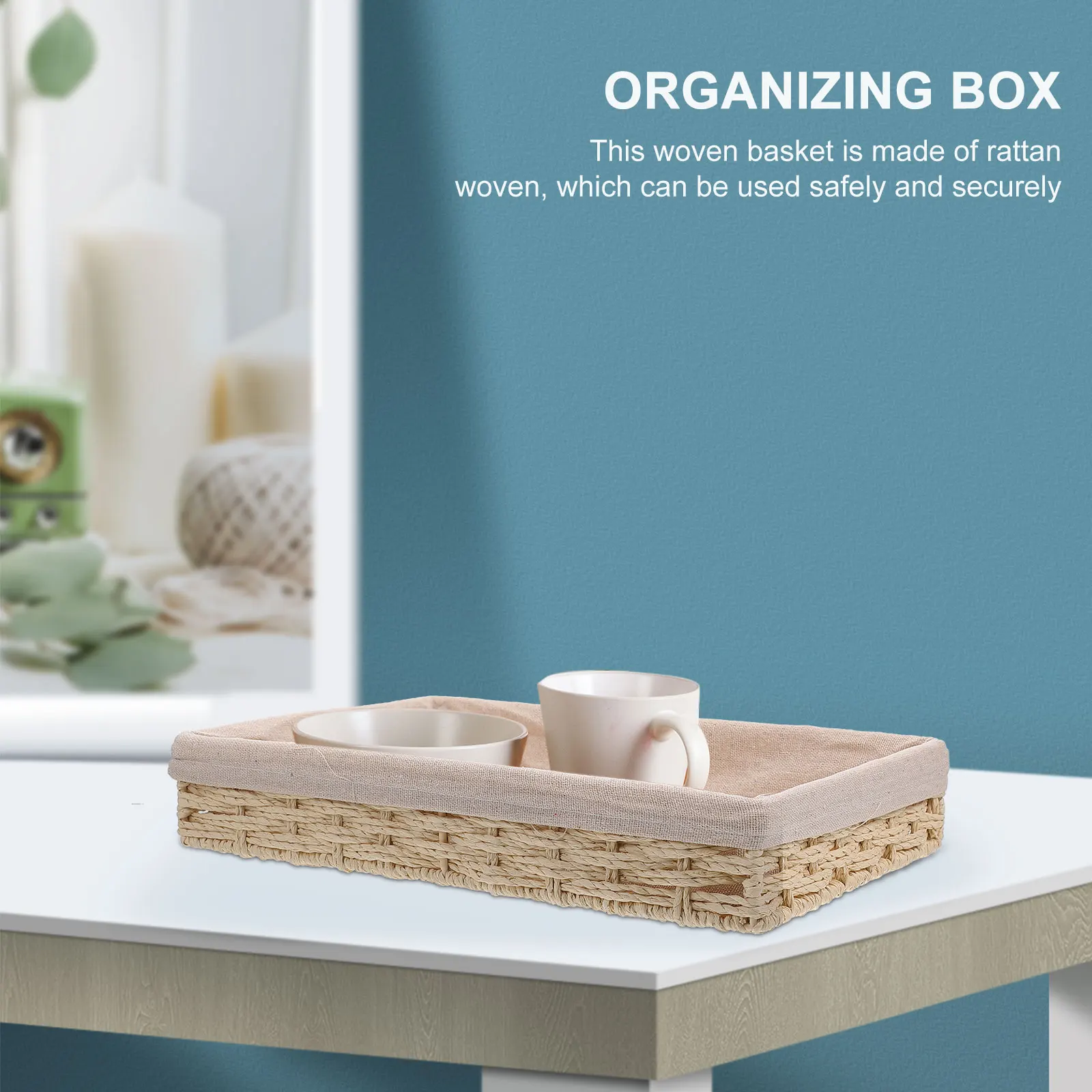 

Large Rectangular Woven Storage Basket Rattan Tray Desk Organizer Keys Coins Accessories Holder Practical Design Easy Cleaning