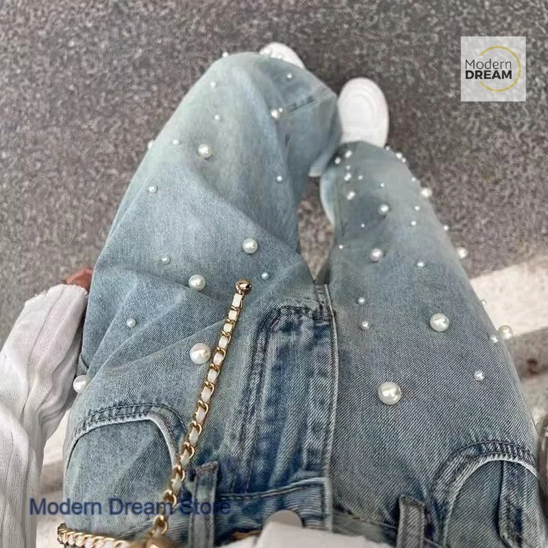 French Pearl beading design sense wide-leg denim trousers women's autumn and winter new fashion trend loose slim Joker pants.