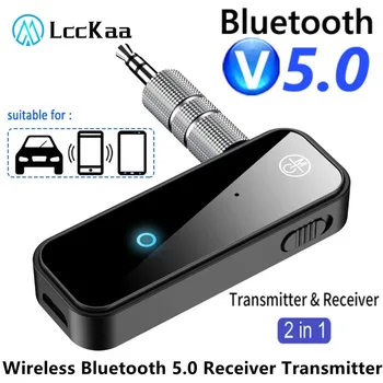 Bluetooth 5.0ワイヤレス送信機受信機,補助オーディオアダプター,車用ジャック,オーディオ,音楽,補助,ハンズフリーヘッドセット,2 in 1, 3.5mm