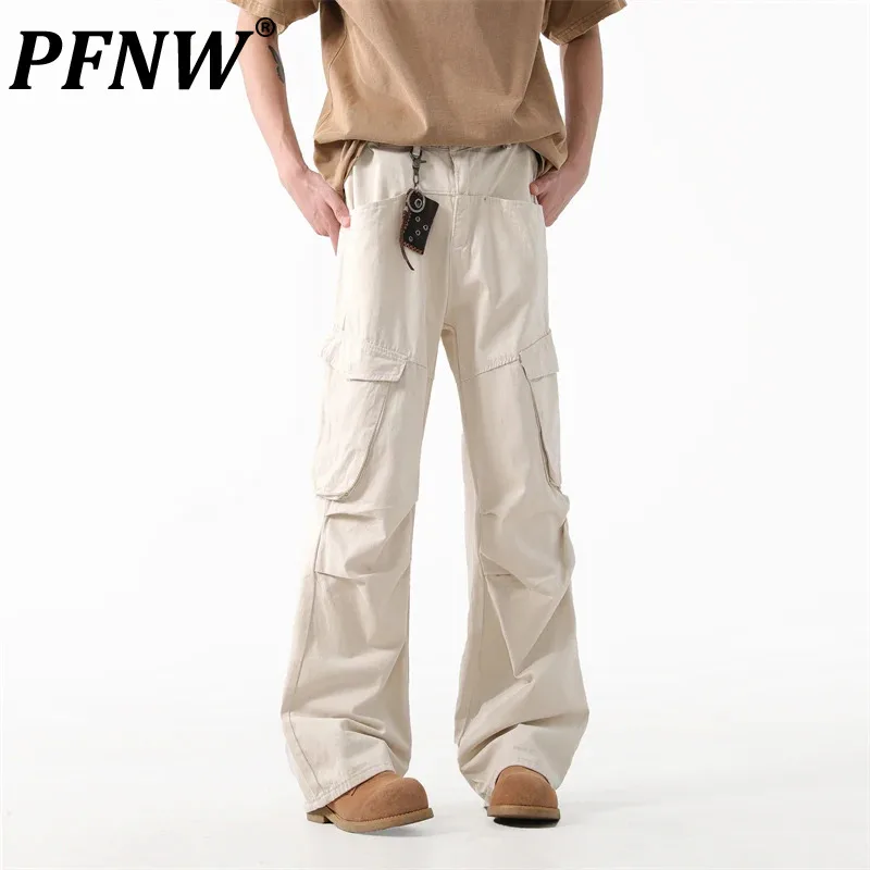 

PFNW American Style Men's Overalls Pleated Multi Pockets Wide Leg Casual Pants New Stylish Male Trousers summer Menwear 28W3321