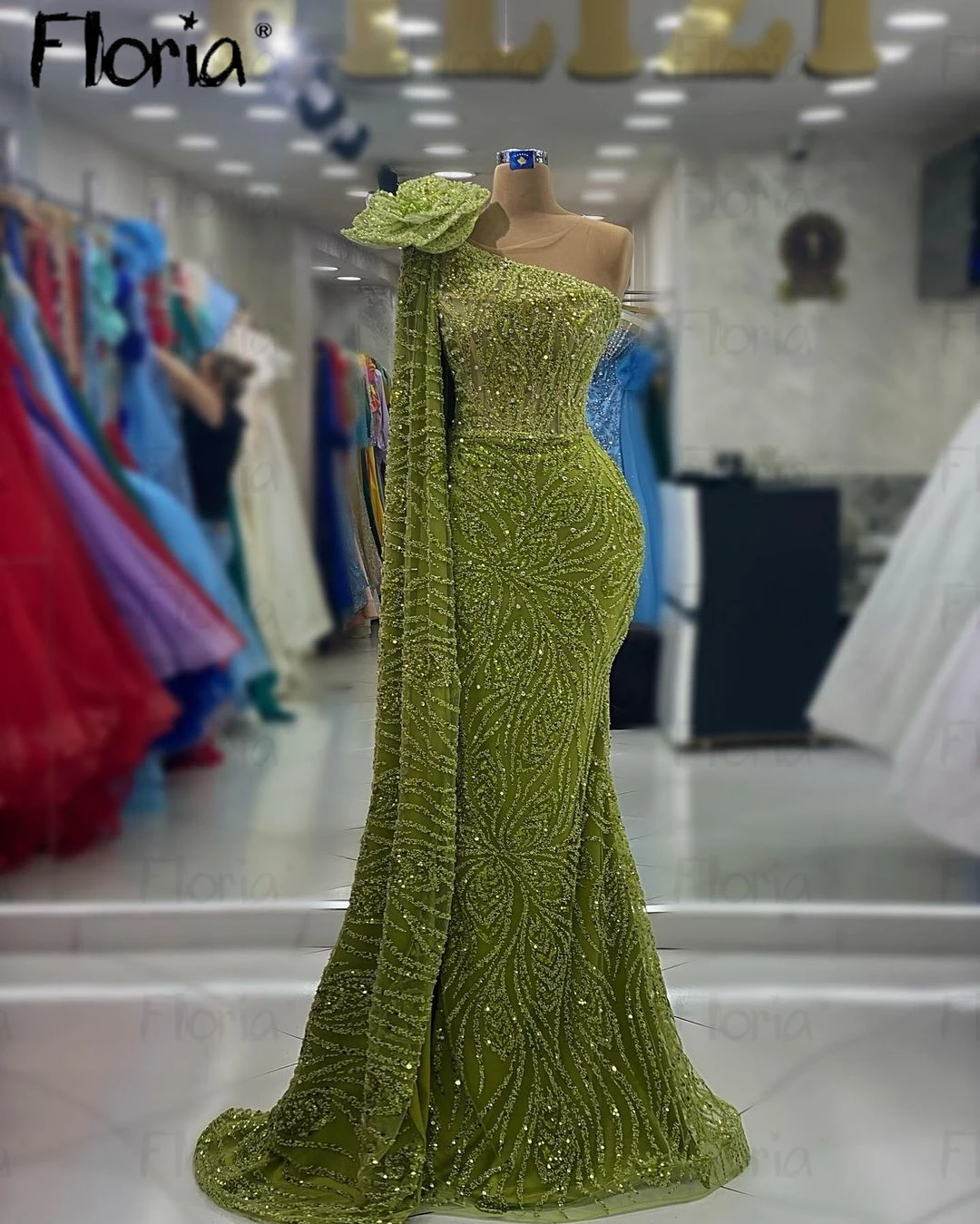 Gorgeous One Shoulder Green Beaded Evening Dress Long Cape Sleeve Mermaid Formal Prom Party Gowns Glitter Maix Dresses Custom