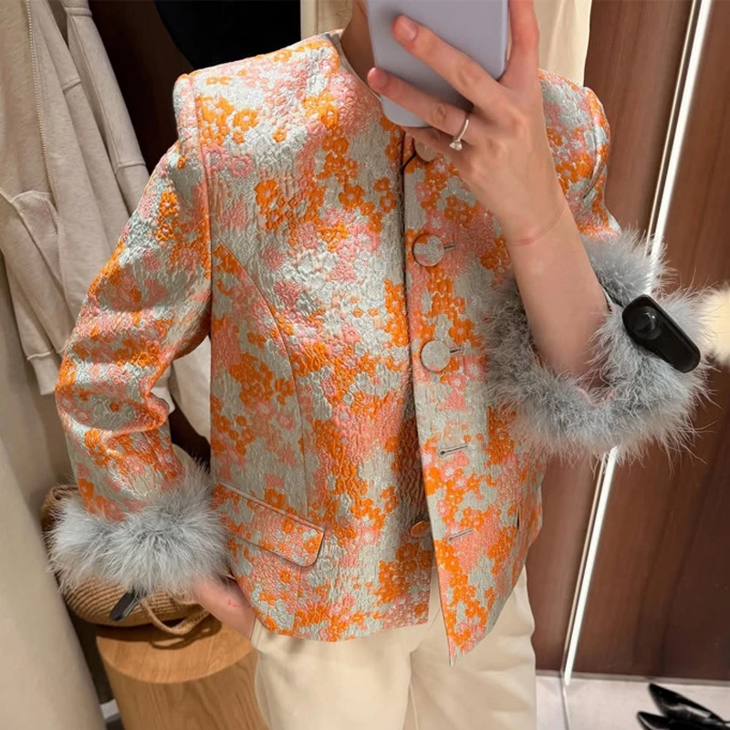 Elegant Single Breasted Long Sleeved Jacket Temperament Jacquard Feather Splicing Dating Outwear Fashion O-Neck Contrasting Coat