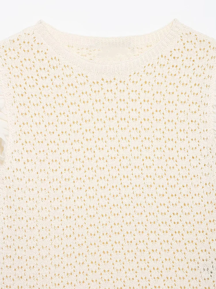 

Hollow Out Knit Shirt Women Women Fashion Solid O-neck Ruffle Sleeve Crochet Cropped Vest 2026 Summer Lady High Street Tops