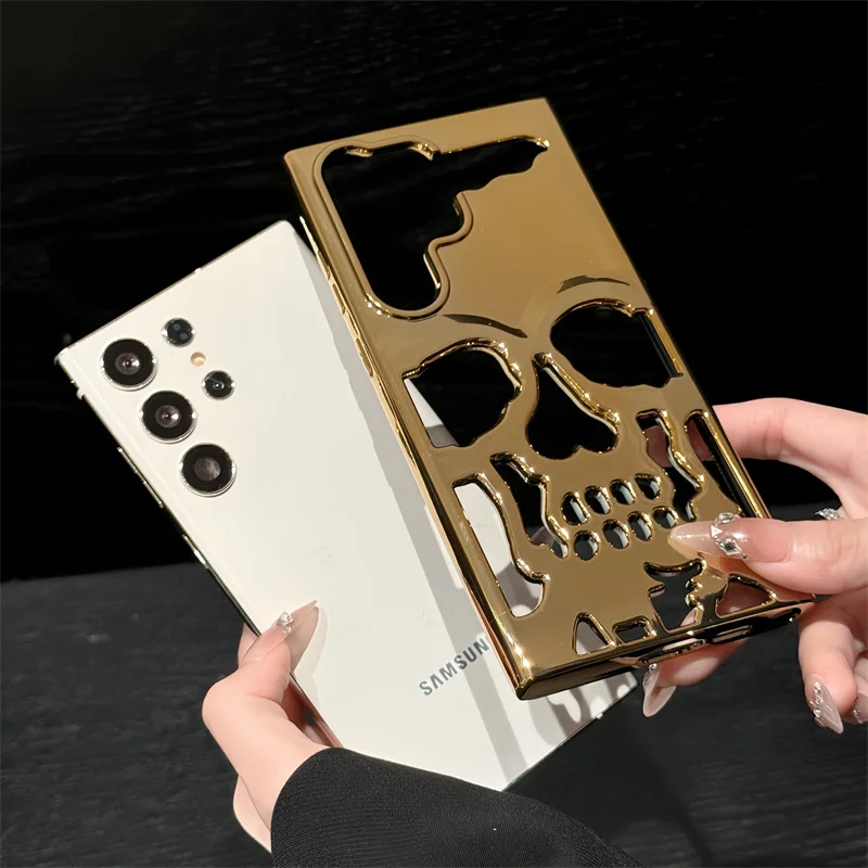 

For Samsung S24 S25 Ultra S23 Plus Plating Matte Metal Skull Hollow Ghostface Case Heat Dissipation Shockproof Hard Slim Cover