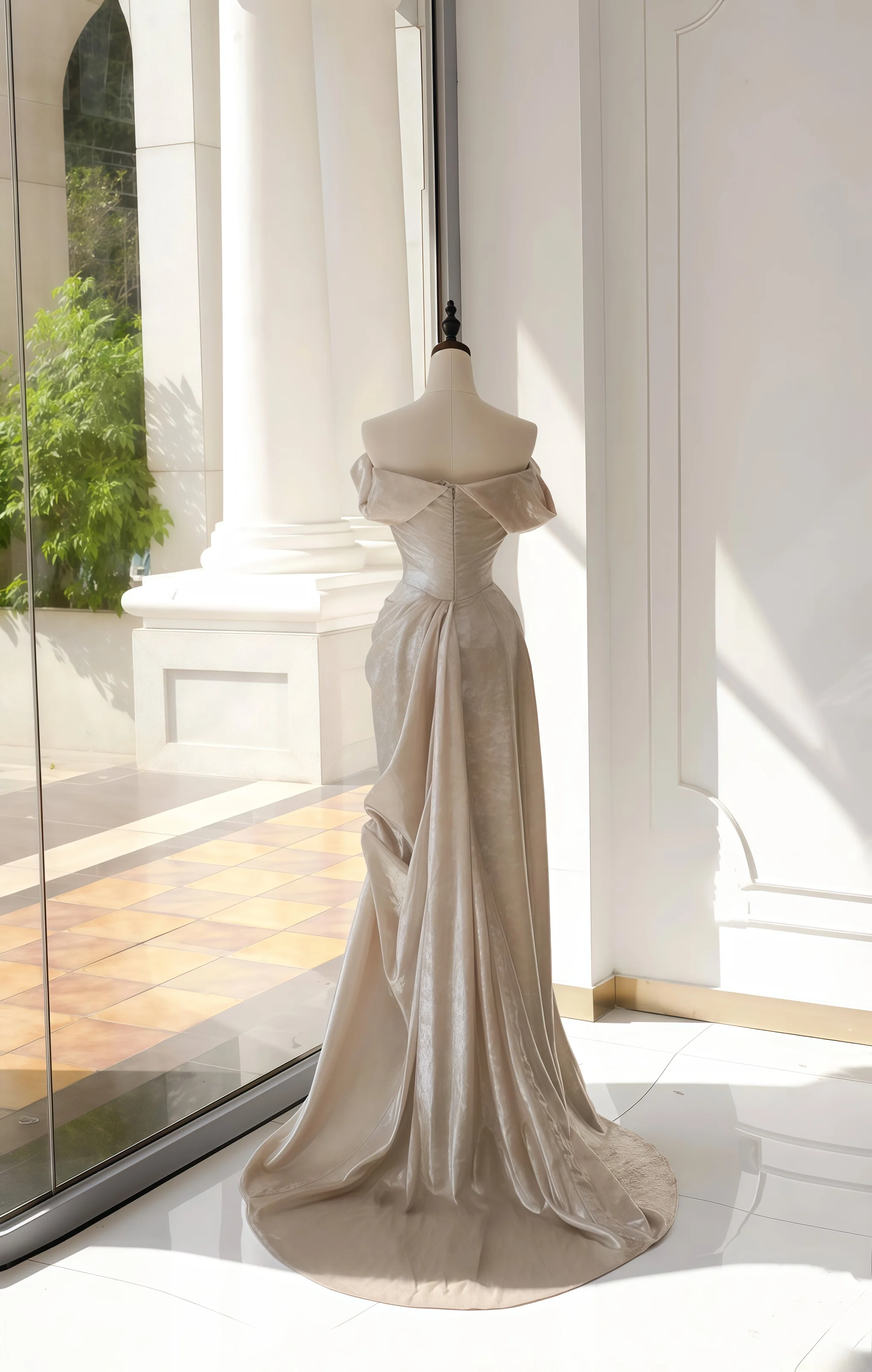 Glamorous beige satin ball gown, slim fit, backless, strapless, mermaid, sleeveless, pleated, trailing, formal occasion evening