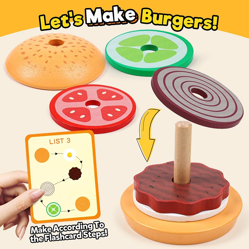 Set di panini per hamburger domestici simulati in legno per bambini con giocattolo per assemblaggio alimentare con puzzle circolare impilabile abbinato a colonna