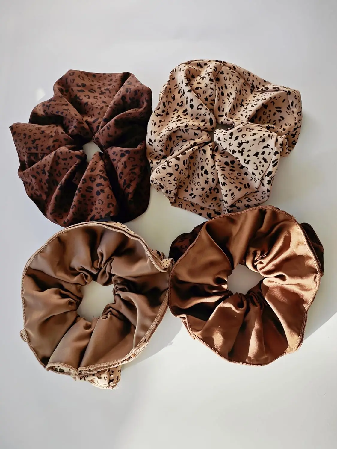 

4PCs Oversized Silklike Chiffon Scrunchies for Women, No Damage Hair Ties, Elastic Ponytail Holders, Leopard Print Hair Bands