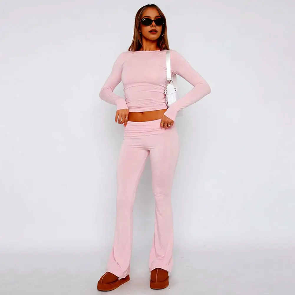 Fall Spring Clothes Two-piece Suit Women's Solid Color Top Pants Set with Flared Leg Trousers Round Neck Long Sleeves for Wear