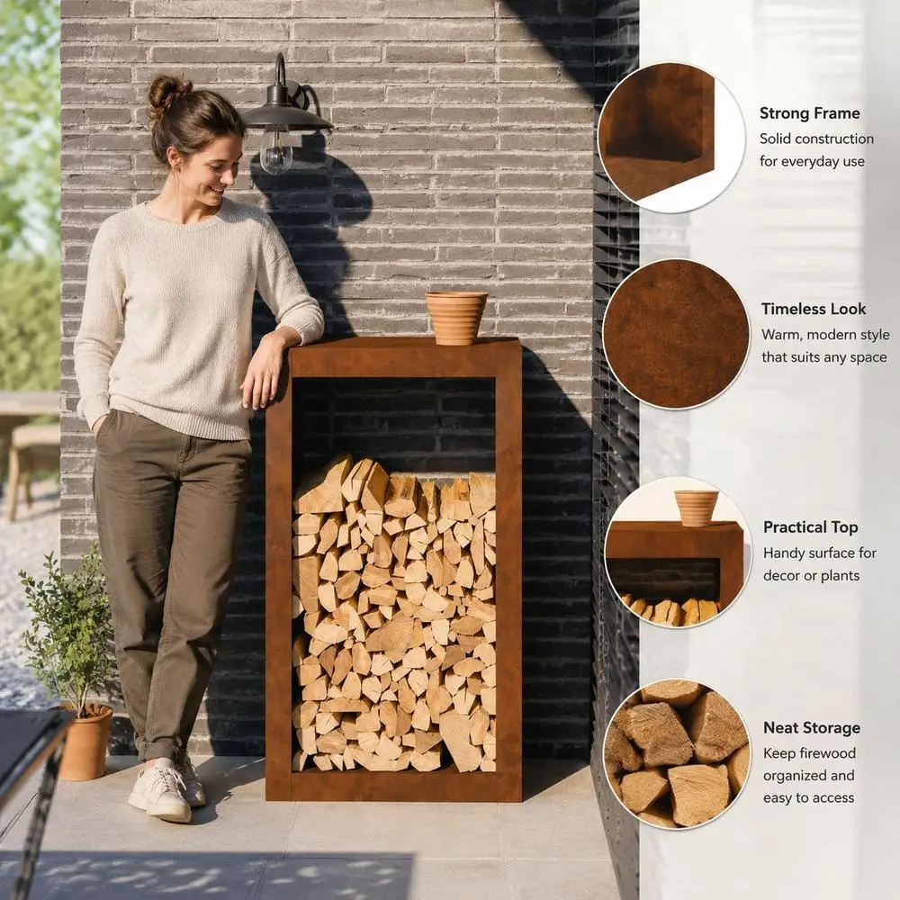 Étagère à bois de chauffage 60 x 40 x 100 cm en acier résistant aux intempéries, construction robuste pour un rangement organisé du bois de chauffage avec une circulation d'air optimisée, adaptée pour terrasse, balcon, jardin, salon