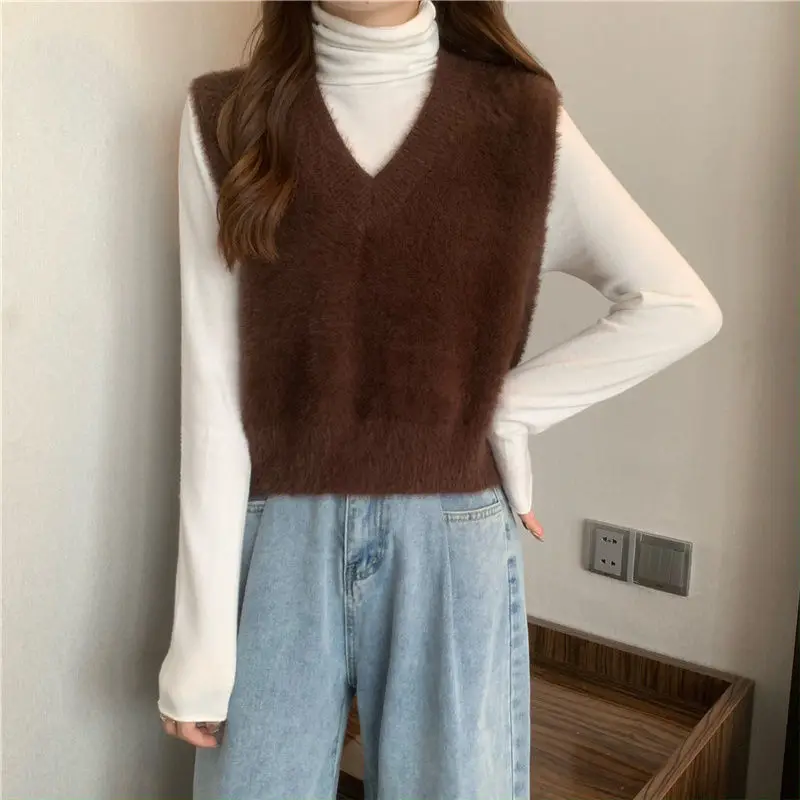 V-neck Sweater Vests Women Solid Color Autumn Winter Fluffy Soft Fashion Vintage Sleeveless Knitted Tops Slim-fit Simple Casual