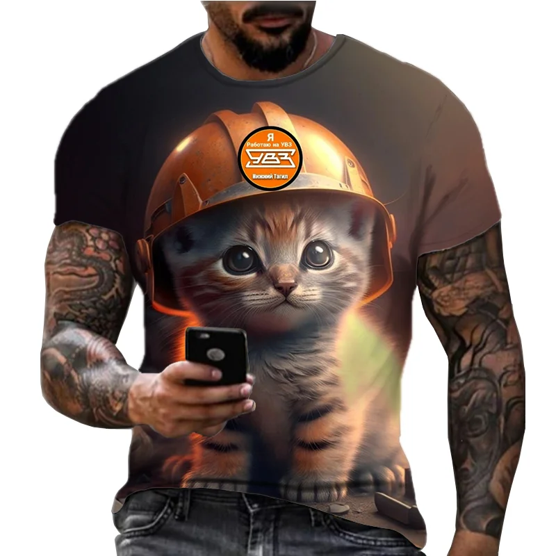 2024 Summer New T-shirt 3D Printed Animal Cat Men's Short sleeved Round Neck Street Fashion Clothing for Women