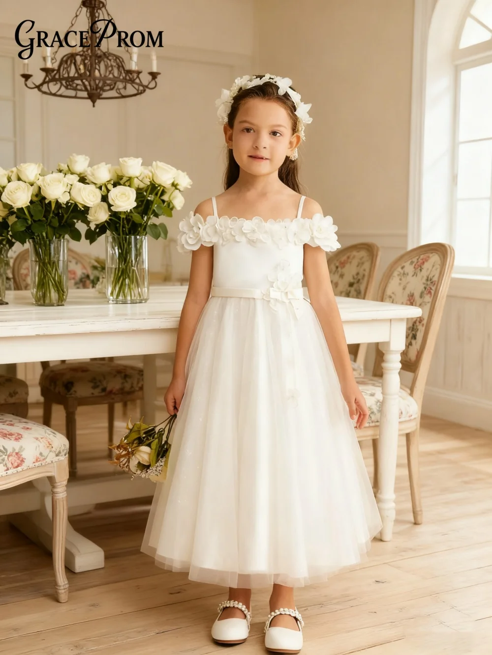 

Charming Off-Shoulder Ring Girl Dress Girl Stage Show Dress Girl Princess Dress Classic 3D Floral Floor-Length Party Gown