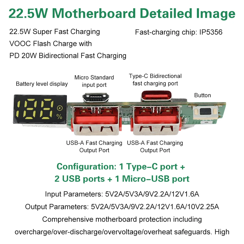 

22.5W Fast Charging Module for DIY Power Bank PD QC VOOC 3.7V Lithium Battery Charger Board Circuit Protection with LED Display
