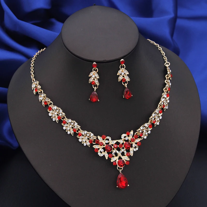 

Elegant Red Bride Jewelry Sets for Women Choker Necklace Set Dangle Earrings Wedding Bridal Jewellry Set Fashion Accessories