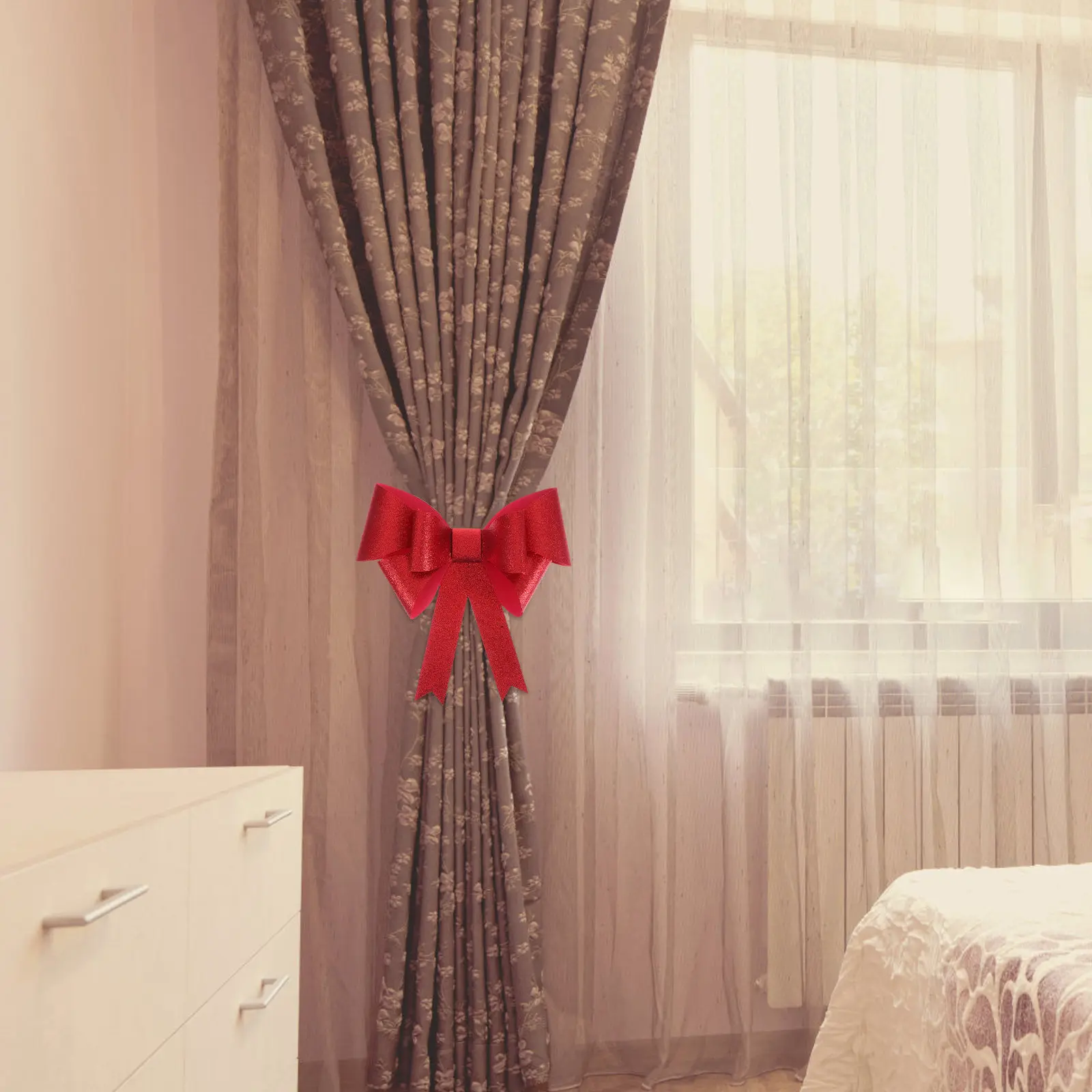 2Pcs Bowknot Curtain Tiebacks Red Ribbon Large Decorative Curtain Buckle for Wedding Holiday Tree Drapery Holdbacks Indoor