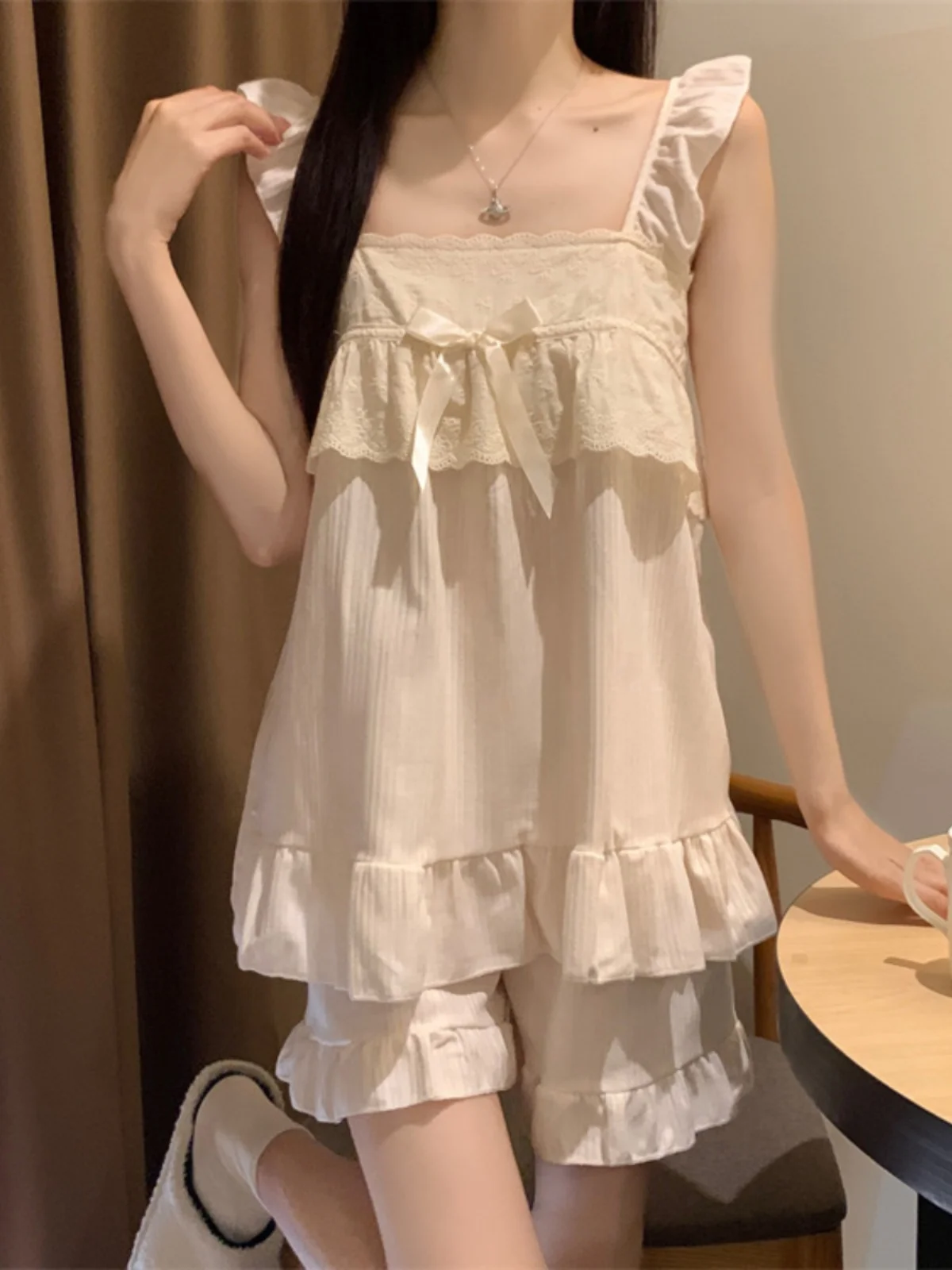 

Летняя женская ночная рубашка Sweet Princ Sle с кружевной отделкой Che Spwear ort Sve Strap Long Dr Домашняя одежда