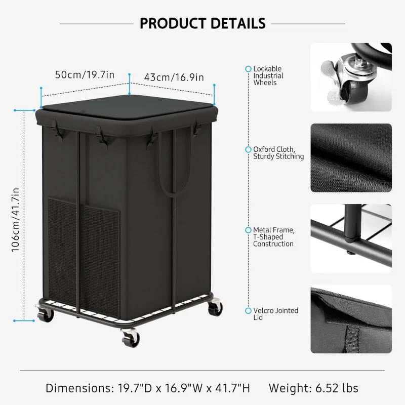 Oxford Fabric Laundry Hampers, Metal Frame and Removable Bag Design with Wheels, Suitable for Bedroom, Bathroom,