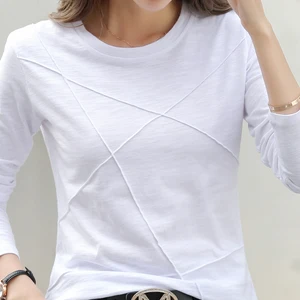 AOSSVIO 2024 الخريف بأكمام طويلة للنساء على شكل حرف O الرقبة تي شيرت القطن الخيزران أنيق فضفاض مضلع أزياء تي شيرت السيدات قمم بسيطة أعلى 12 تي شيرت من ألياف الخيزران مبيعا - No2