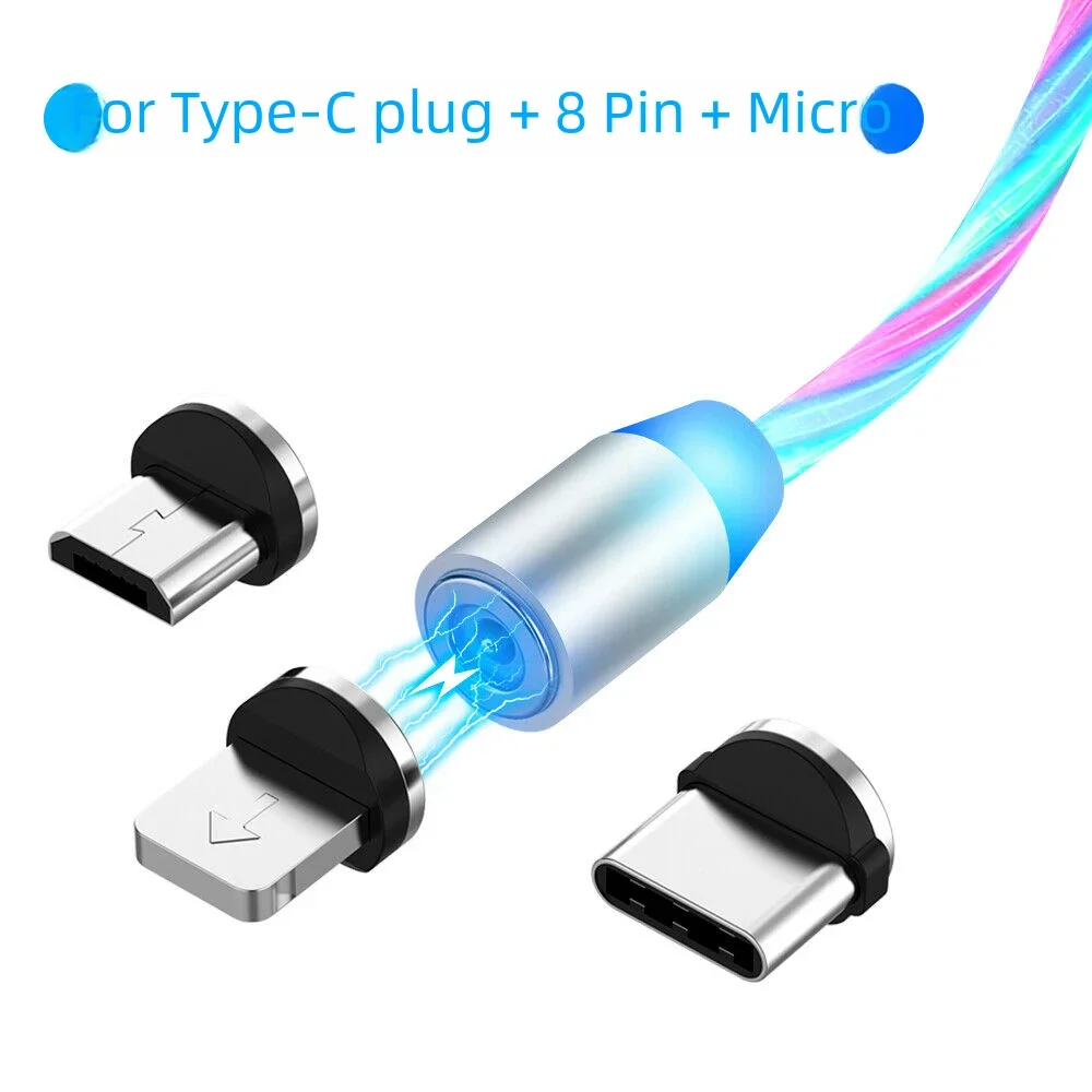 MVQF 3in1 Magnetic Flow Luminous Lighting Charging Mobile Phone Cable Cord Charger Wire for Iphone Samaung LED Micro USB Type C