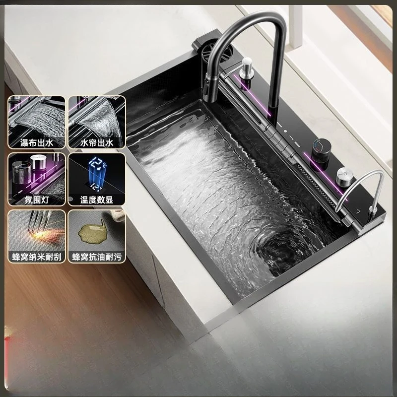 

Цифровая раковина для китов с окружающим освещением, нержавеющая сталь 304, кухонная раковина для овощей, бытовая раковина Feiyu, водопад, большой один слот