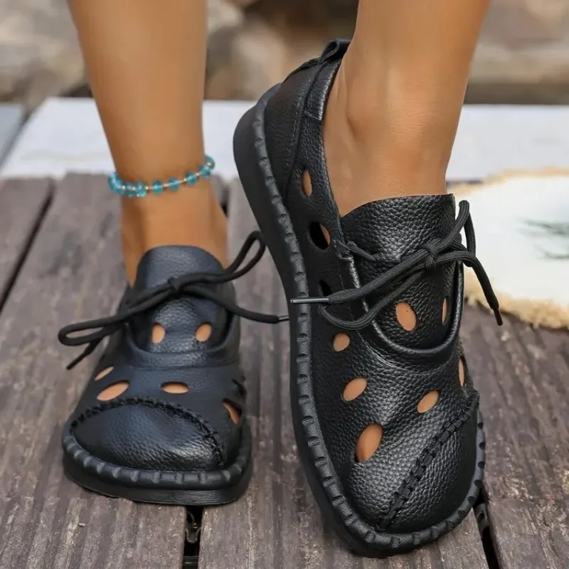 2025 صيف جديد الجوف التدريجي الدانتيل متابعة الصنادل النساء شقة زلة مقاومة الجلود البوهيمي اليدوية حذاء كاجوال مع نعل سميك #1