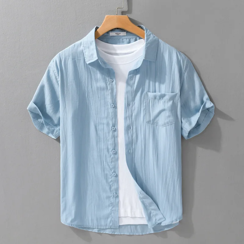 

Men's Pure Color ort Sve irt Summer Thin Fre Ice Sensation Versatile f Sve Pleated Texture Simple White irt