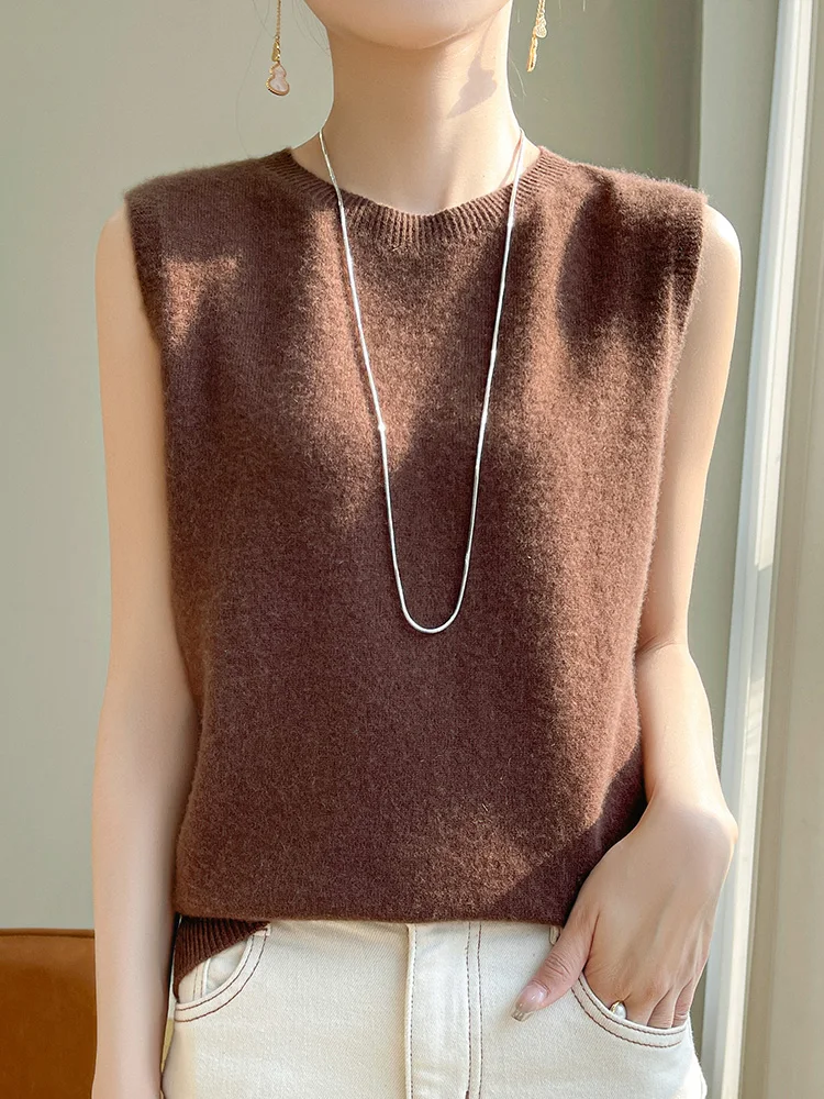 

Yoyoselect Autumn Winter Women 100% Merino Wool Waistcoat Seamless Sleeveless O-Neck Vest Basic Casual Top Solid Cashmere Korean
