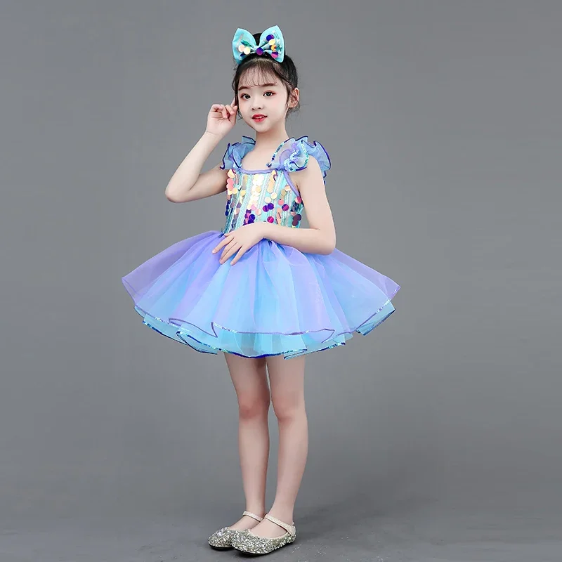 Nieuwe Blauwe Ballroom Kleding Lovertjes Moderne Dance Wear Tutu Jurk Meisjes Jazz Dance Party Jurken Kids