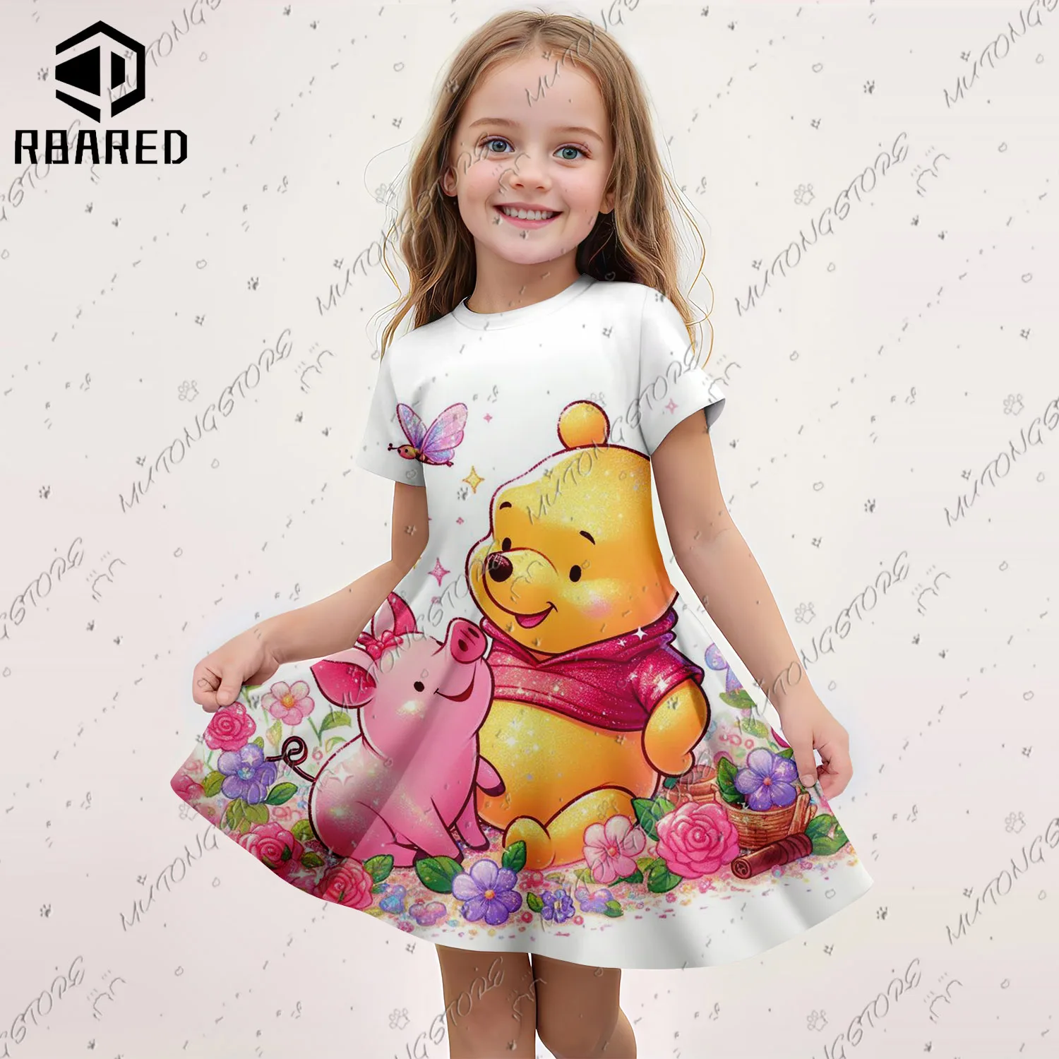 2024 New Summer Girls Short Sleeve Kids Dress Cute Winnie the Pooh 3D Print Skirt Children\'s Casual Cosplay Costume Nightgown