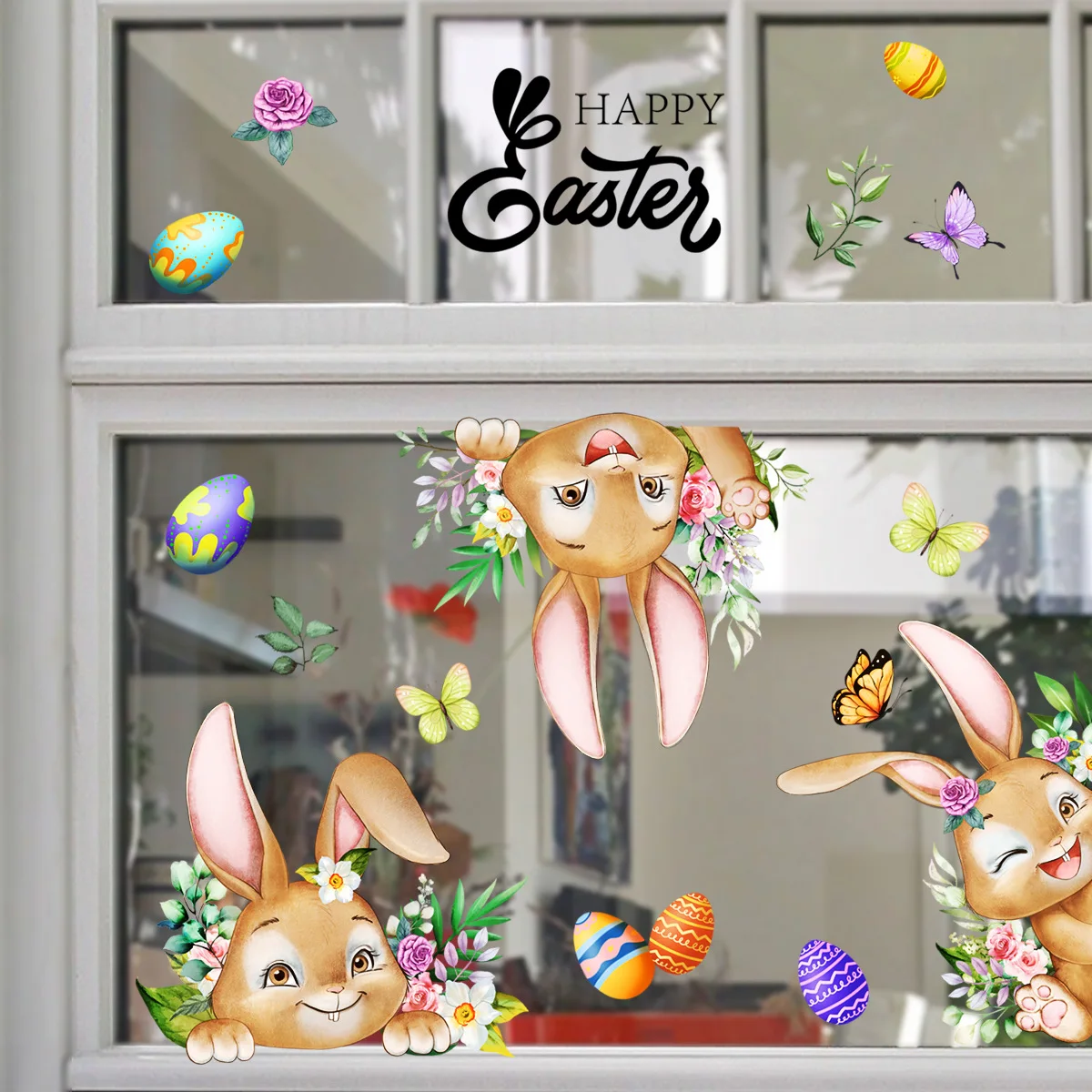 Autocollants de fenêtre lapin de dessin animé, décalcomanies en verre bricolage, joyeuses Pâques, autocollant de fleurs d'oeuf de lapin mignon, décorations de Pâques, printemps, 2025