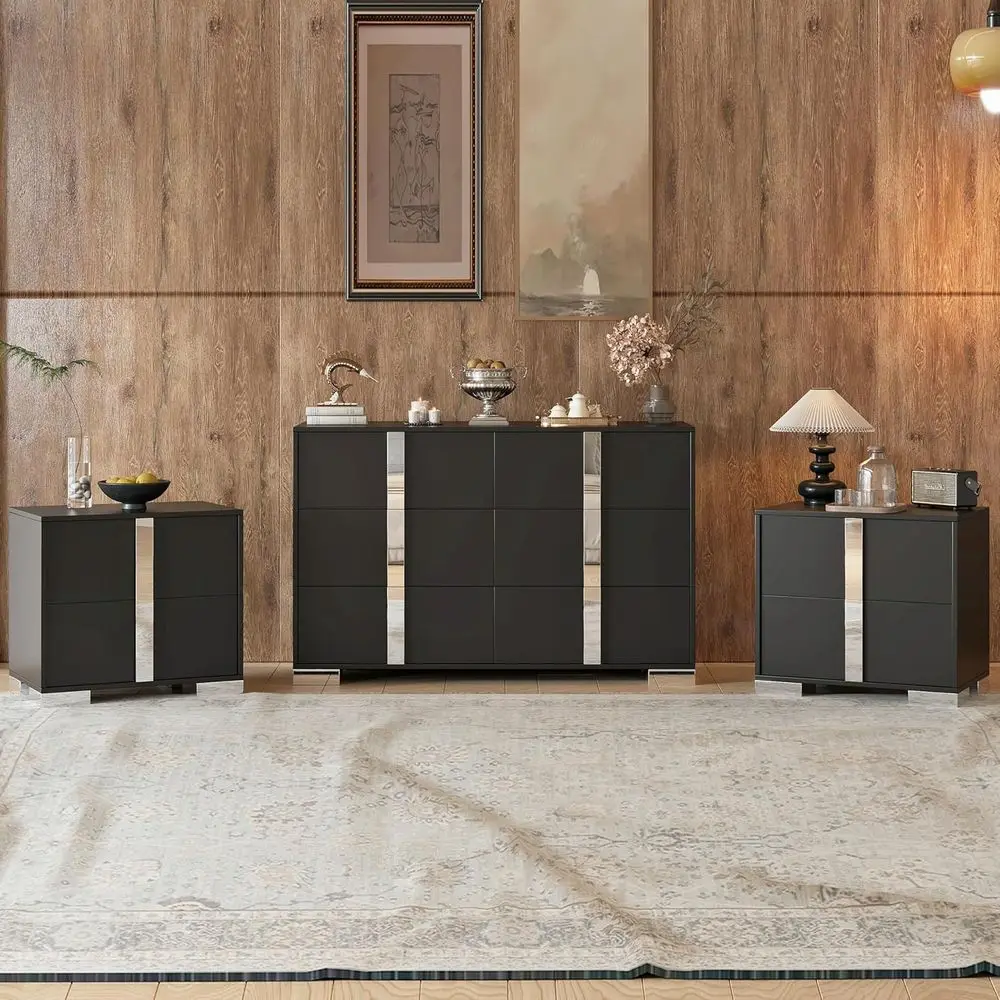 

Элегантный комод с 6 ящиками, 2 прикроватными тумбочками и шкафом для хранения для спальни черного цвета