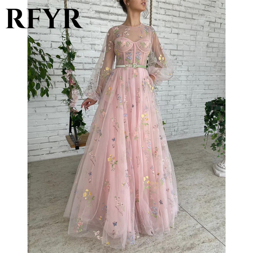 

RFYR Pink A Line Formal Dresses Lace Party Dress For Wedding O Neck Special Occasion Dresses with Belt robe soirée Customized