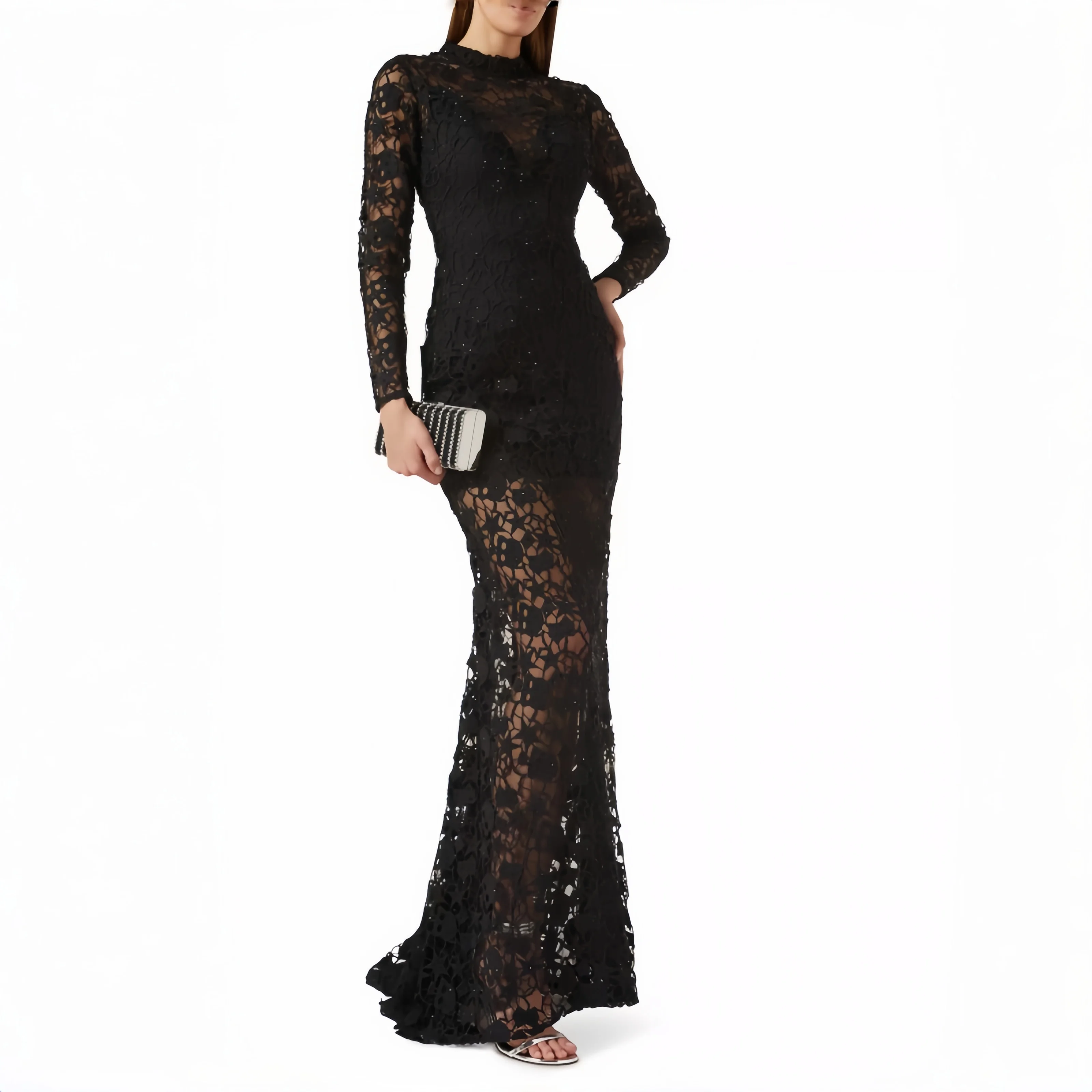 Customized Black Lace Luxury Crystal High Neck Long Sleeve Evening Dress Dubai Cocktail Ball Birthday Party Trailing Gown