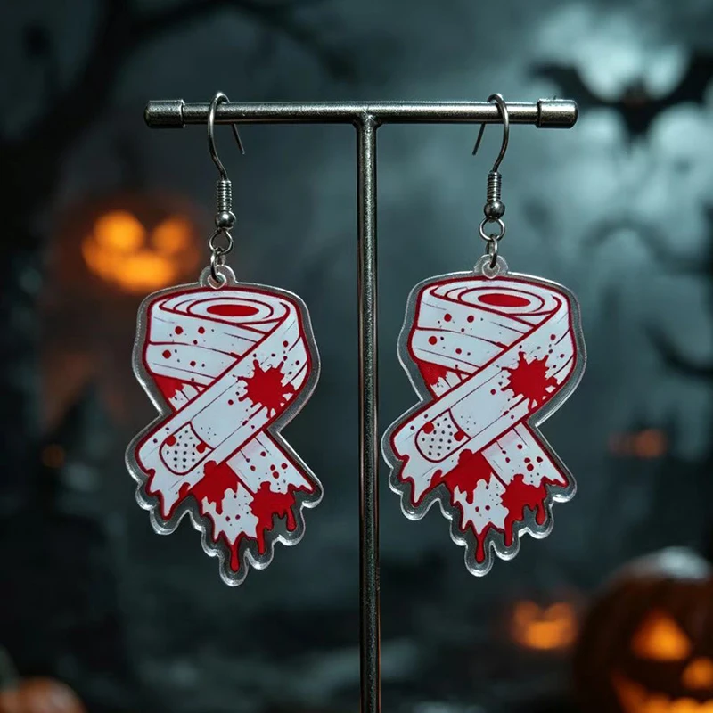 Scary white bloodstain bandage Halloween earrings Gothic style cosplay Halloween party niche stainless steel ear hook earrings